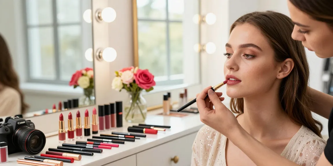 Model receiving lip makeup application with a lip blending brush in a bright beauty studio.
