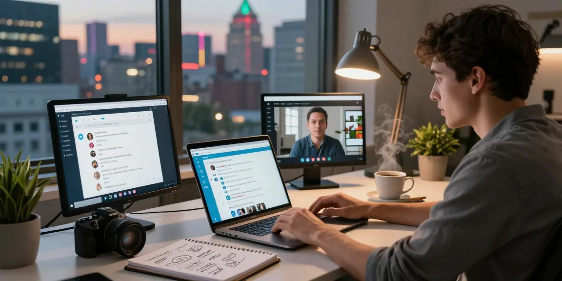 Professional using telegramin-cn.com on laptop in a vibrant workspace