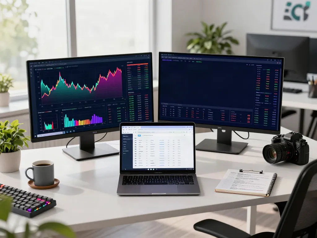 Professional trading setup with mutual fund data API, crypto charts, and financial analytics in a modern office environment.
