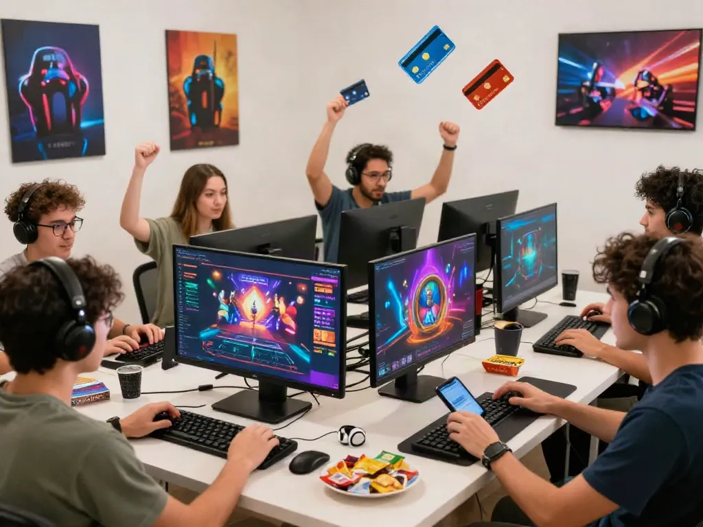 Dynamic lifestyle scene showcasing players enjoying online credit card casinos with vibrant graphics.