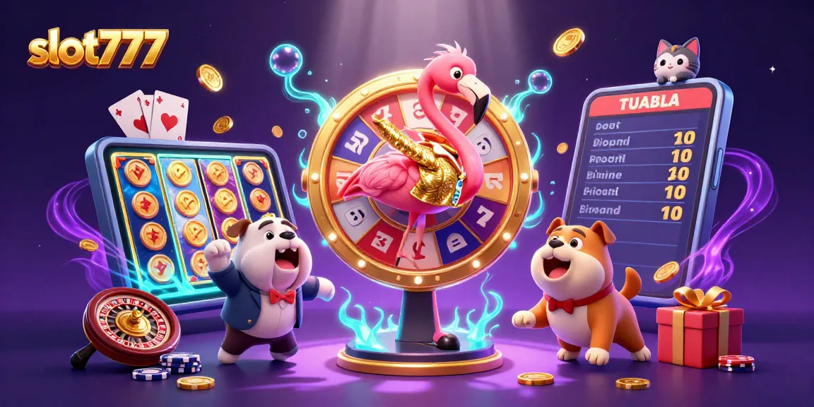 Experience slot777 excitement with a flamingo host and golden prize wheel in dynamic casino illustration.