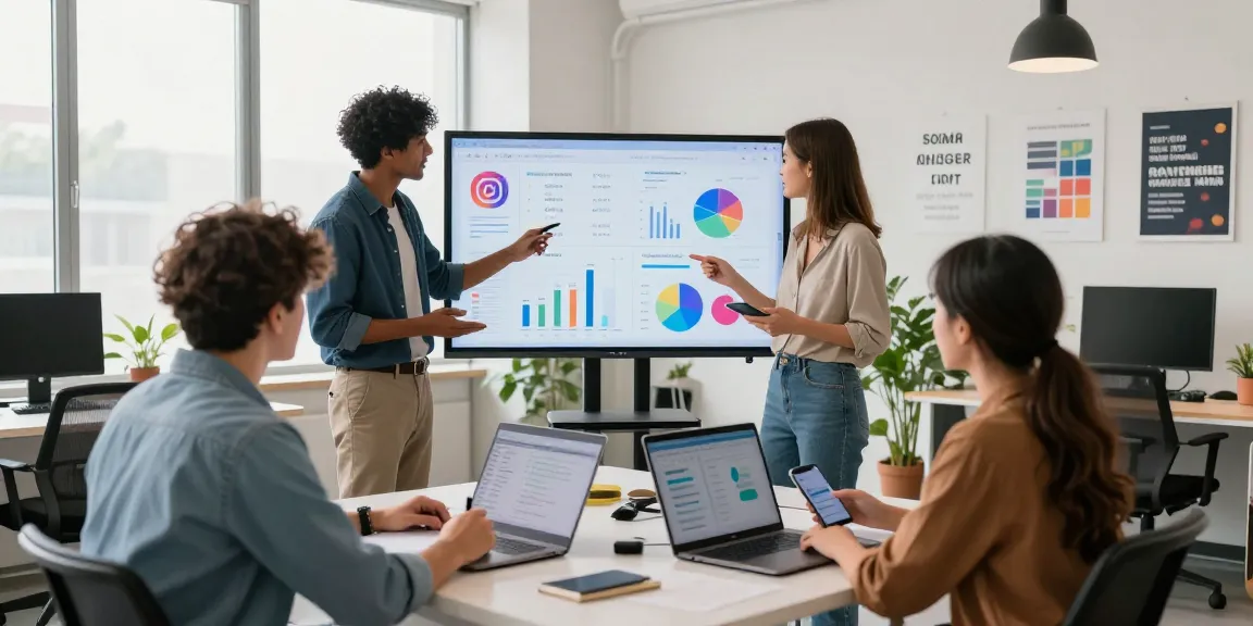 Collaborative marketing team analyzing data to buy followers on Instagram in a vibrant office setting.