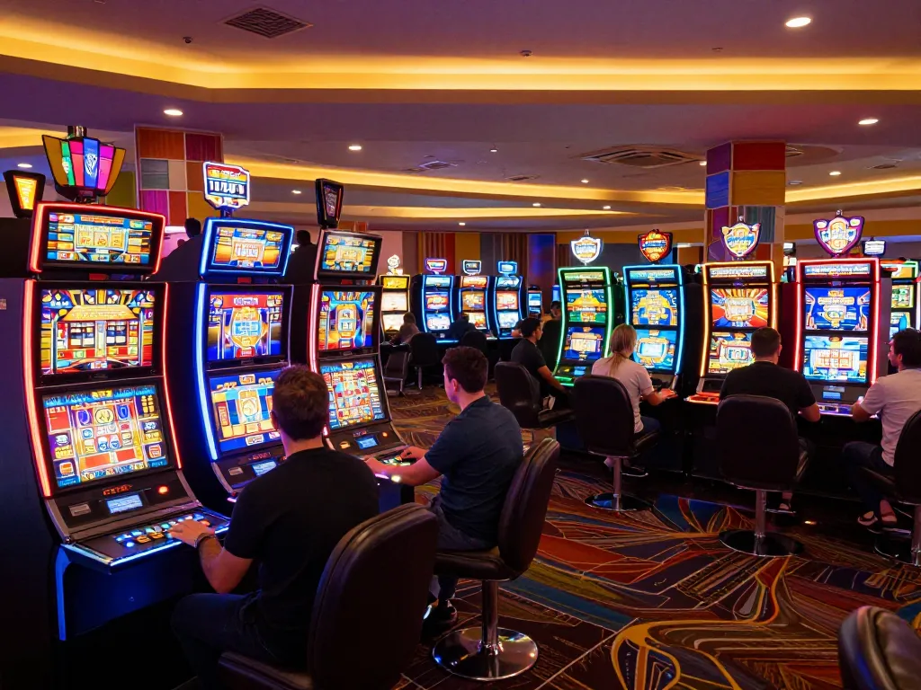 Players enjoying slot machines at sun win casino, showcasing vibrant neon lights.