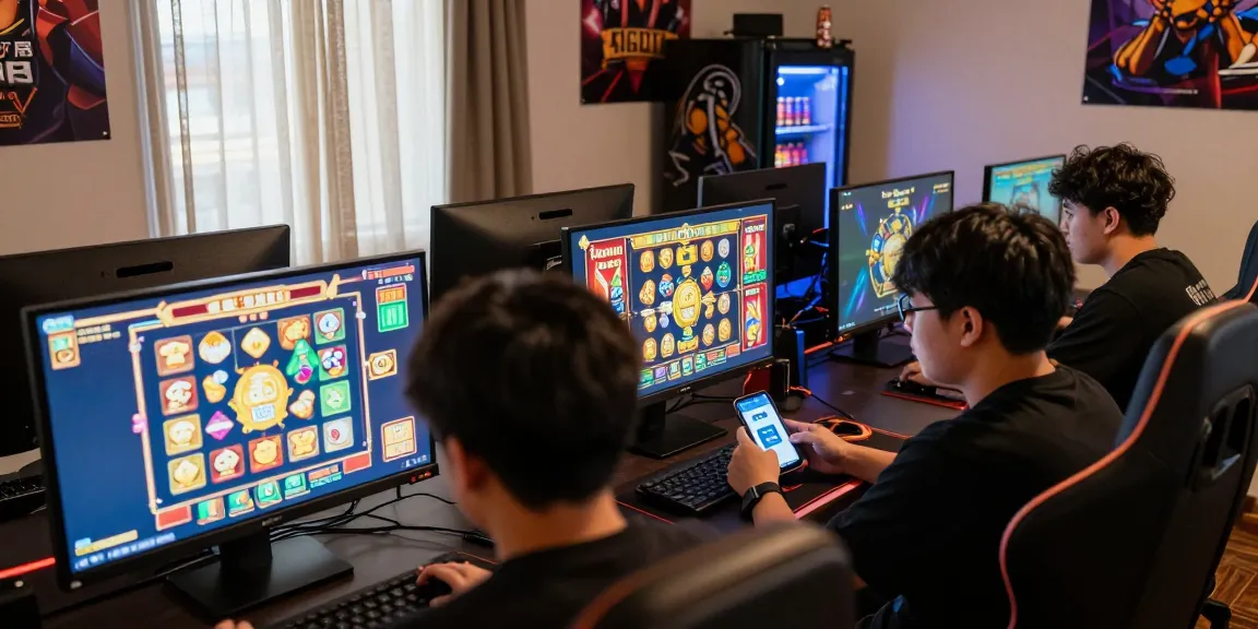 Players enjoying slot deposit dana games in a vibrant gaming room with a smartphone.