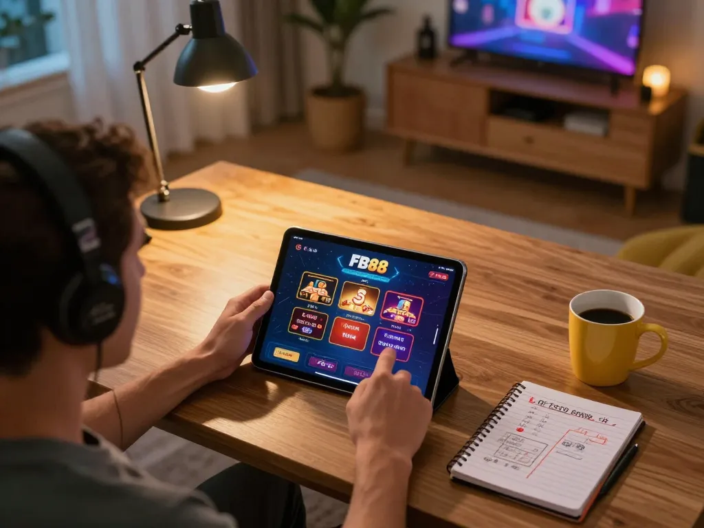 Engaging in Đăng Nhập FB88 using a tablet in a comfortable home gaming setup.