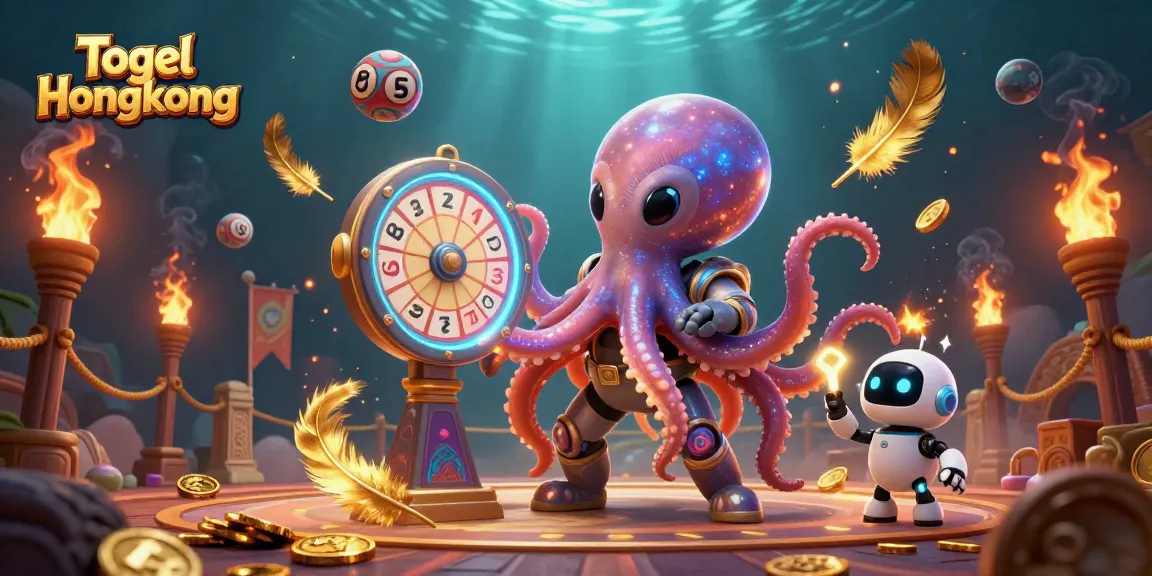 Togel Hongkong alien octopus operating a holographic lottery wheel alongside a robot companion with dynamic game elements