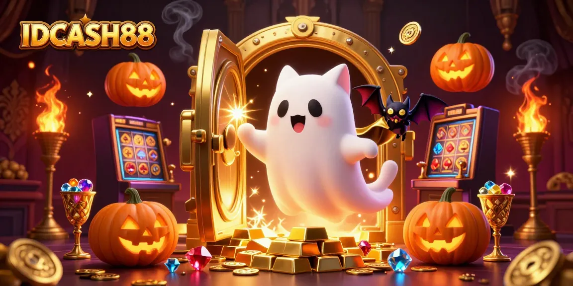Engage with IDCASH88's vibrant casino scene featuring a ghost cat and treasures.