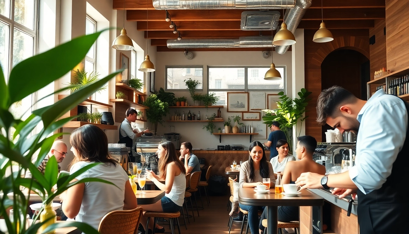 Coffee Shop Lloret de Mar scene featuring a lively atmosphere with patrons enjoying coffee drinks.