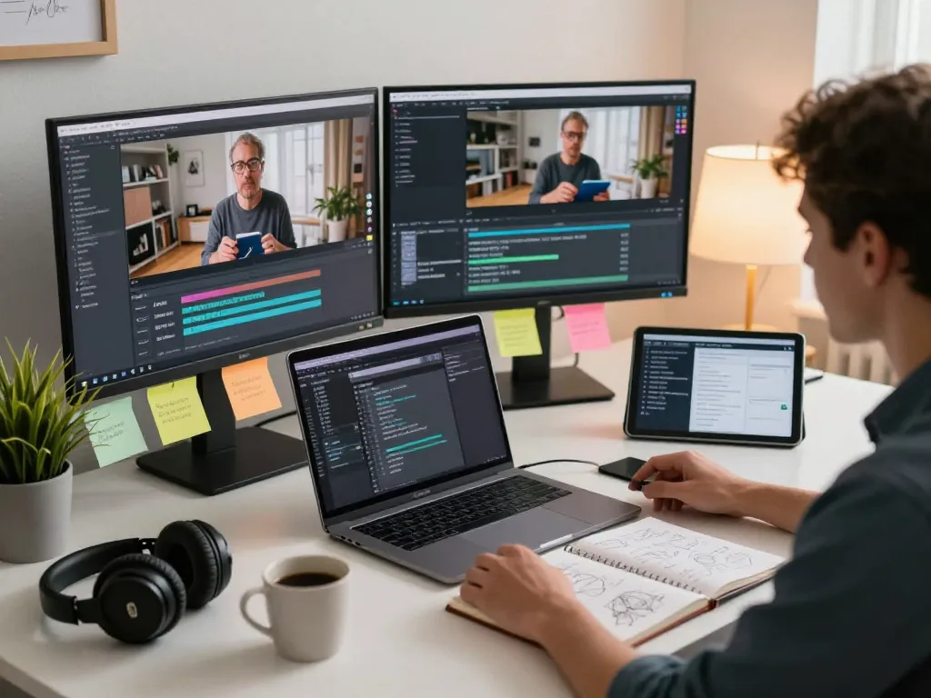 Designer using a video to prompt tool in a creative workspace, analyzing clips and generating AI prompts.