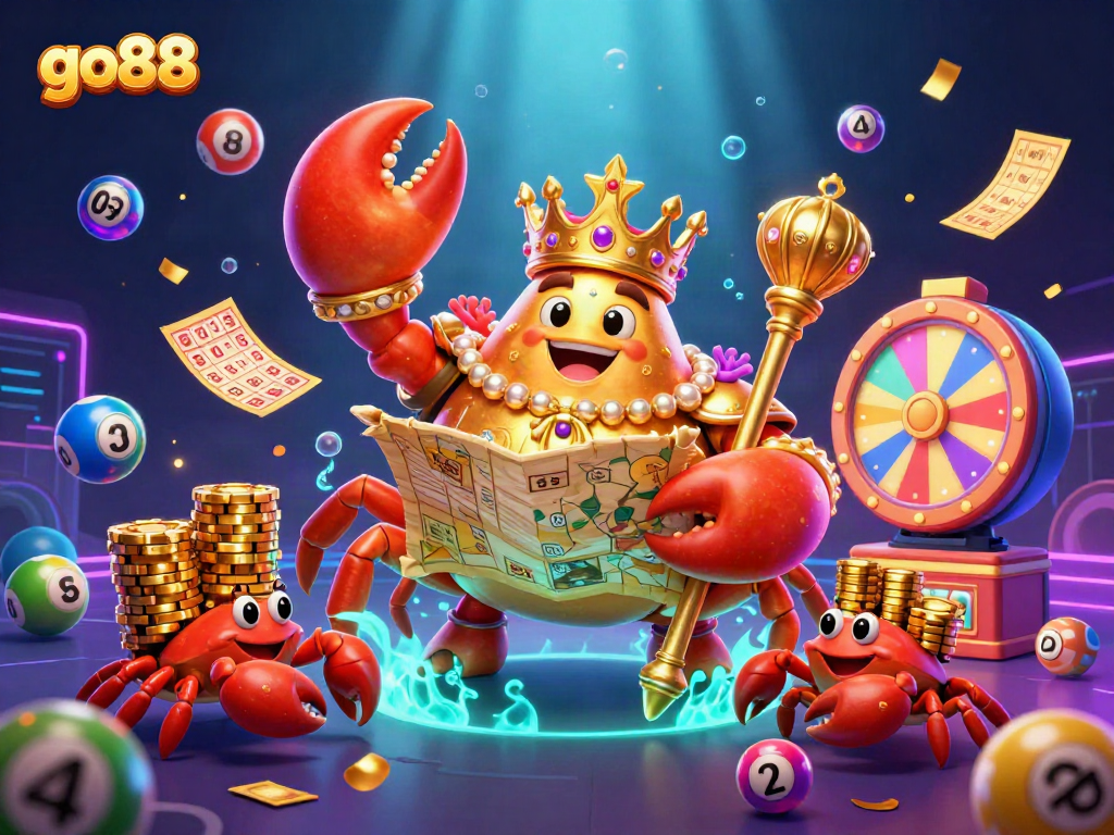 Play exciting games at go88 with a vibrant casino scene featuring a golden crab emperor and colorful lottery elements.