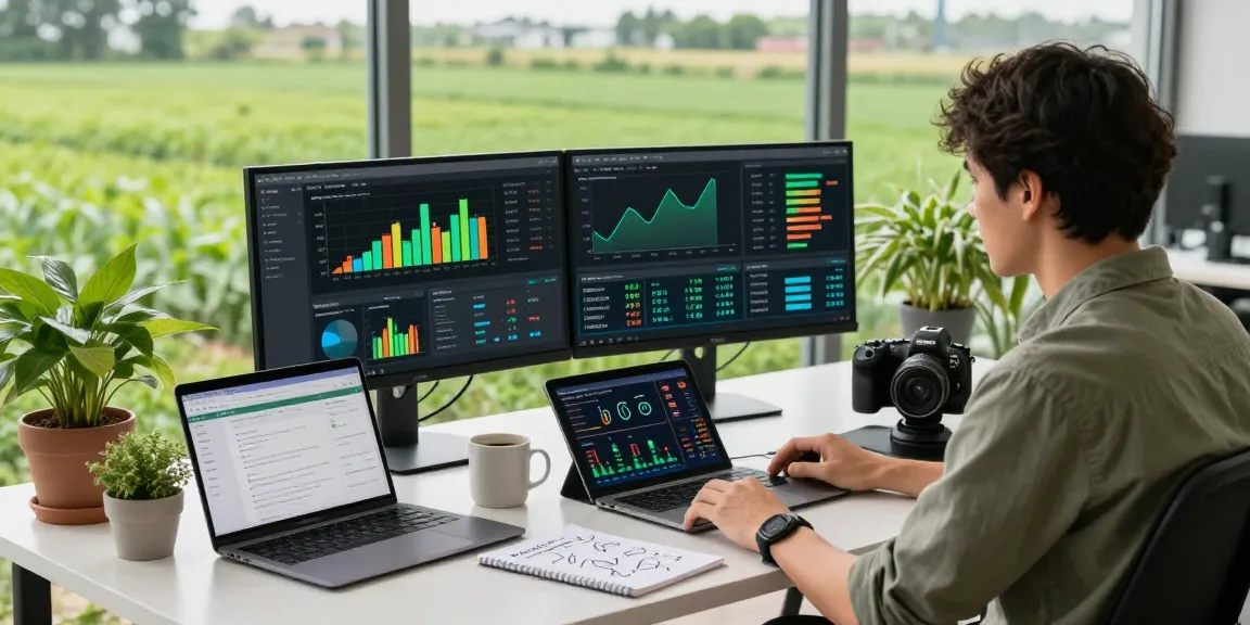 Real-time agriculture WebSocket stream API development workspace with monitoring screens and green plants.