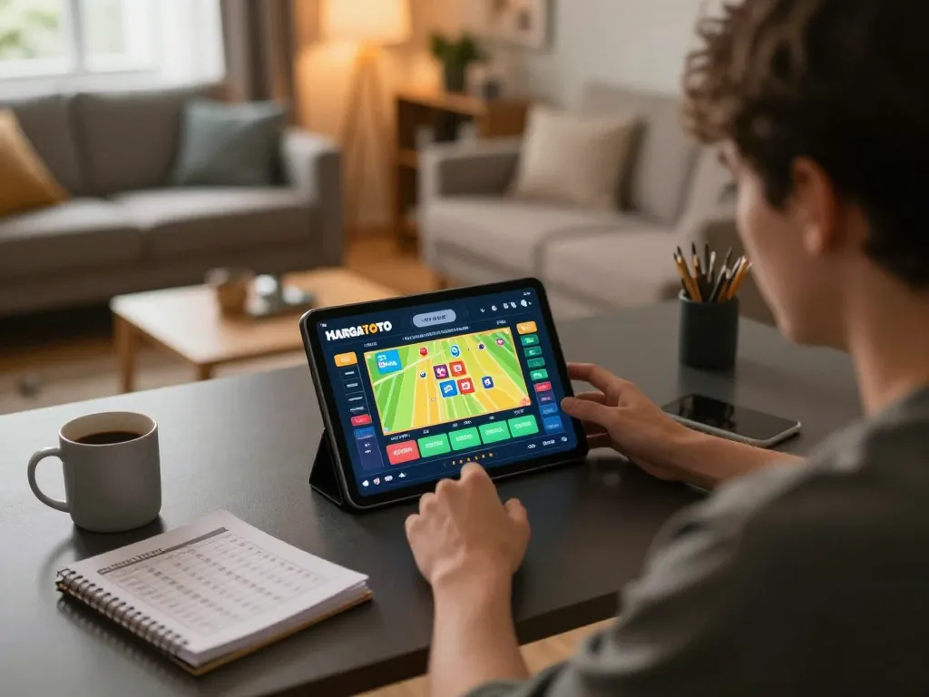Engaging in HARGATOTO's 4D Togel game on tablet while enjoying a cozy home atmosphere
