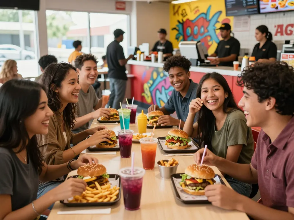 Friends enjoying a fast food menu with colorful meals at a lively restaurant.