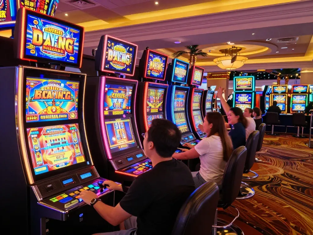 Engaging players enjoying the excitement of rokok88 super slot machines in a vibrant casino