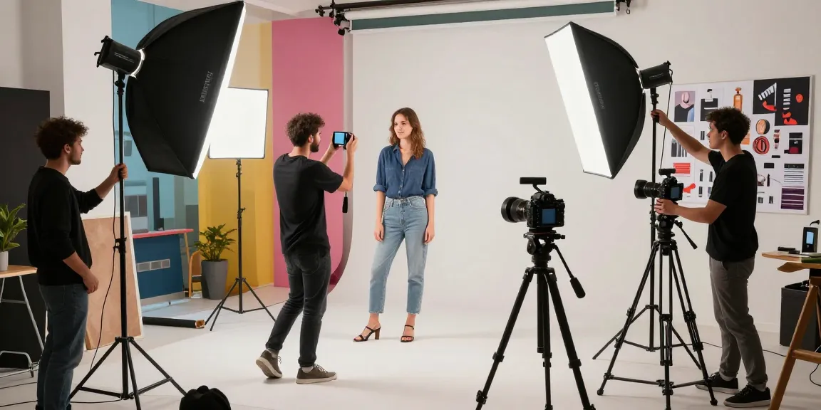 Photographe publicitaire à Milan en train de diriger un shooting avec un modèle, éclairage professionnel et ambiance créative.