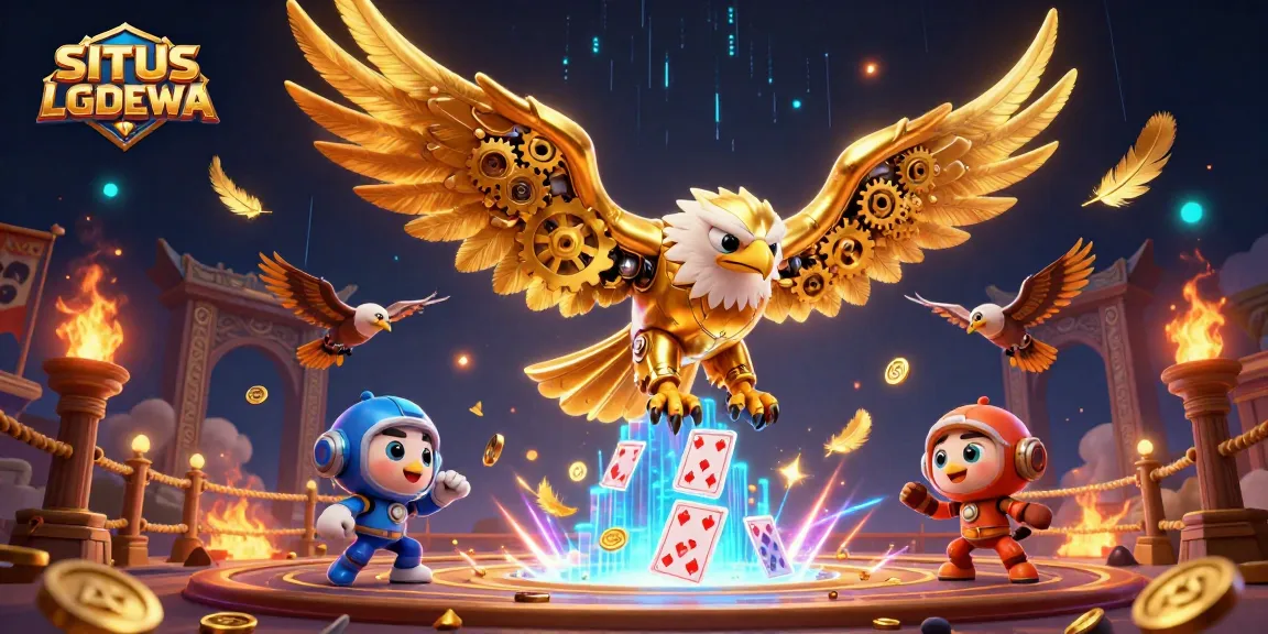 SITUS LGODEWA showcases a dynamic 3D scene of a cybernetic eagle amidst holographic playing cards and casino elements.