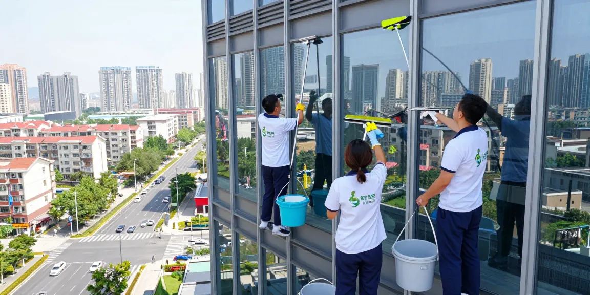 Professionelle Gebäudereinigungsfirma Dortmund reinigt Fenster eines Hochhauses mit umweltfreundlichen Produkten.