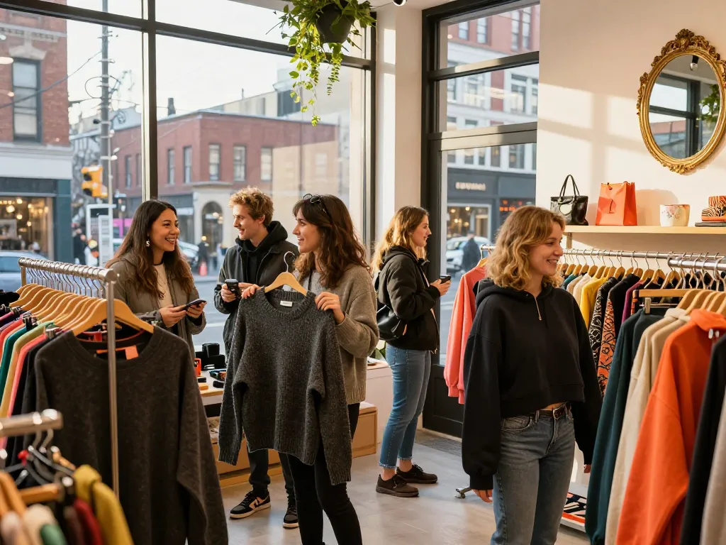 Vibrant scene from revelcollective.myshopify.com showcasing stylish shoppers in boutique