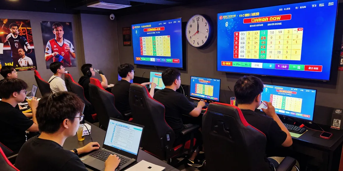 Engaged players watching live draw of toto macau at a gaming lounge.