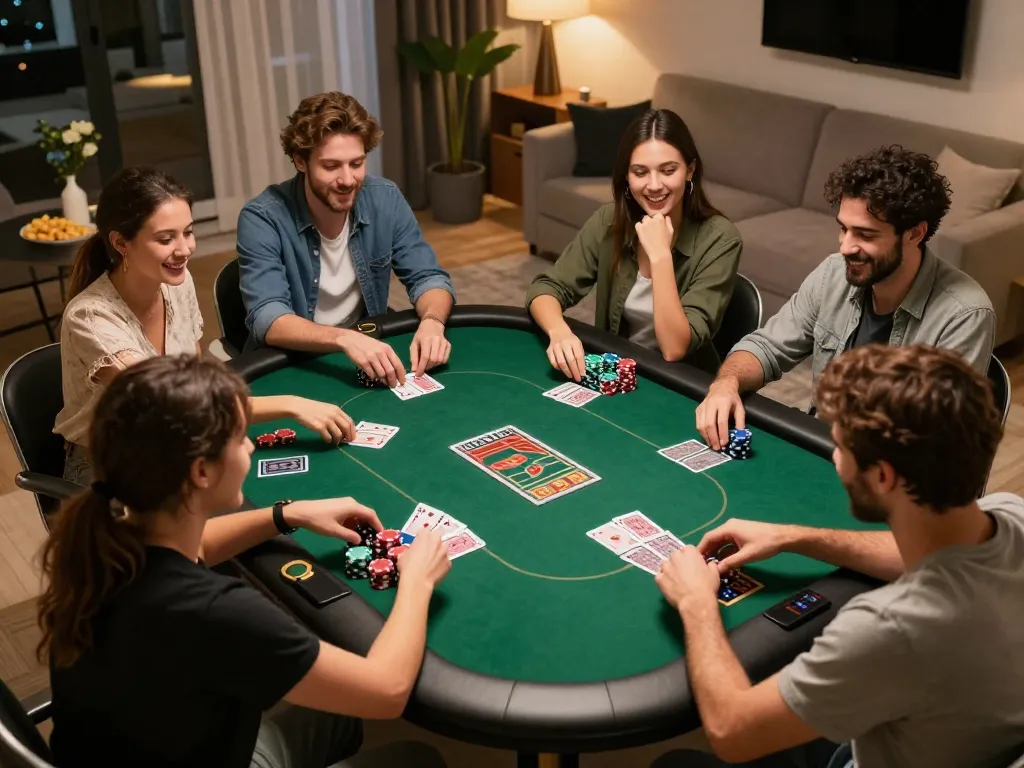 Friends enjoy an exciting poker night at home with ta88 strategy, lively atmosphere, and colorful chips on the table.