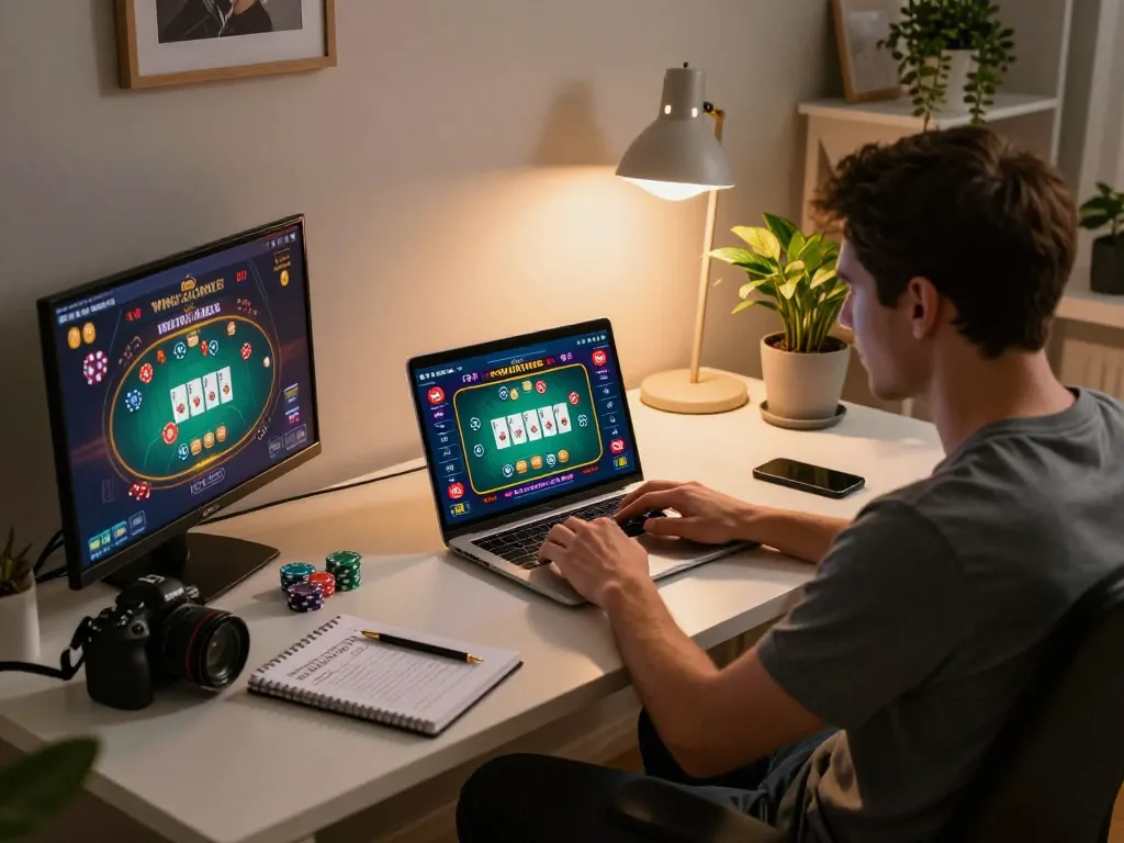 Engaged player using a laptop at home playing a white label casino game, showcasing strategic betting elements.