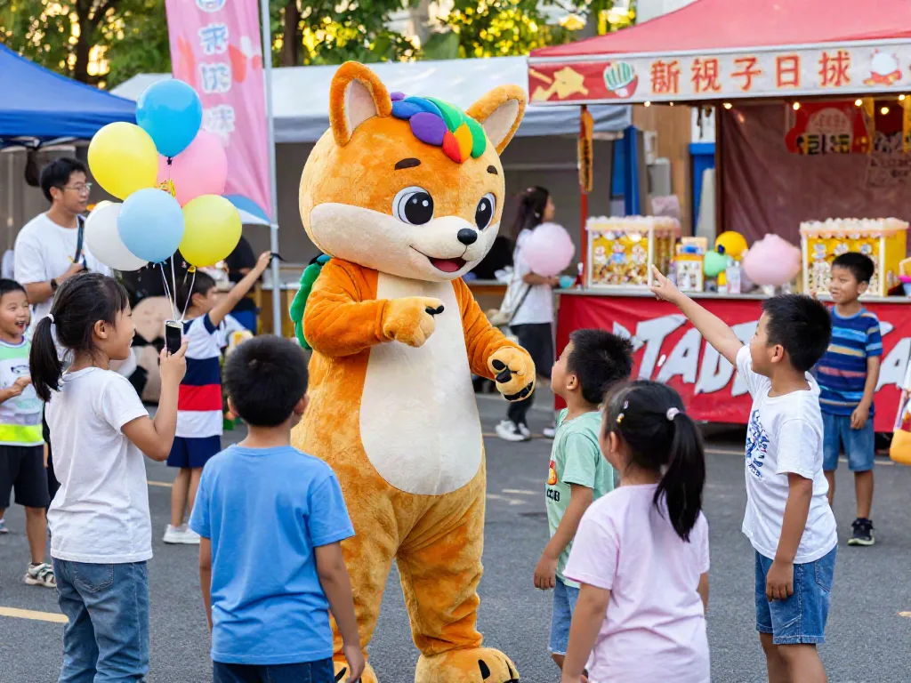 Children joyfully interacting with a colorful mascot costume at a community fair, showcasing the fun and excitement of mascot costumes.