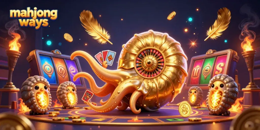 Experience mahjong ways in an exciting casino scene with a giant nautilus roulette wheel and vibrant slot reels.