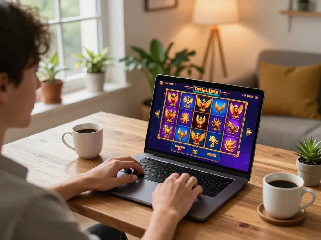 Enjoying a garuda slot online gaming session on a laptop in a cozy home setting.
