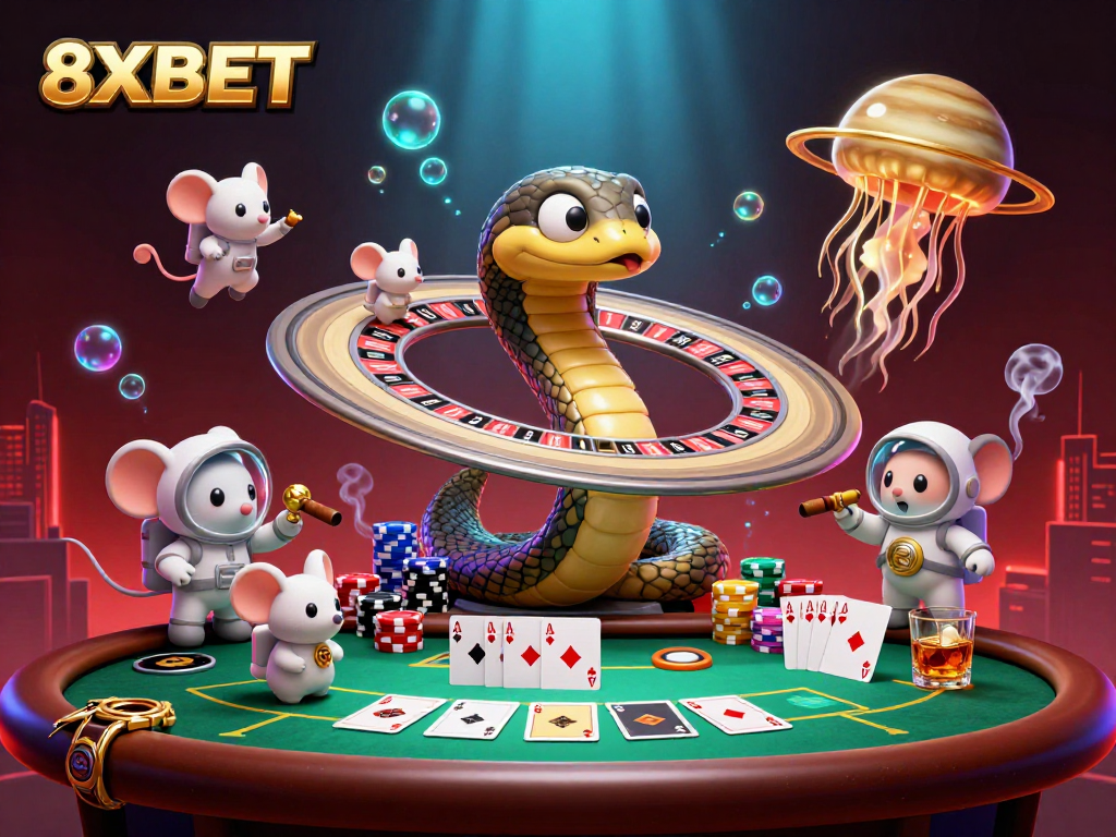 Experience thrilling bets at 8XBET with cartoon characters in a vibrant casino scene.