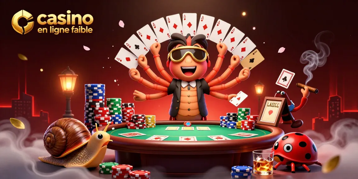 Jouez au casino en ligne fiable avec cette illustration d'un millipède dealer, des cartes à jouer et des jetons colorés.