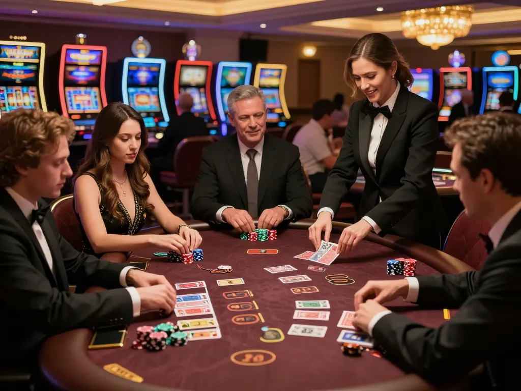 O8 blackjack players strategizing for a winning hand in an upscale casino atmosphere.
