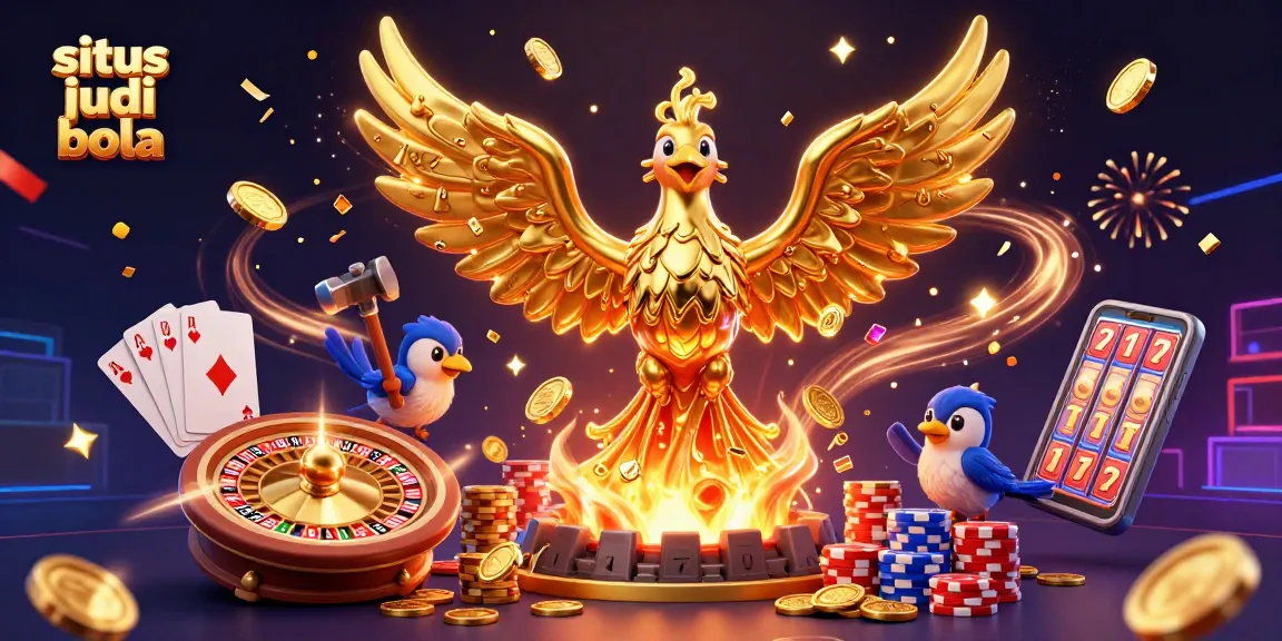 Situs judi bola engaging with stunning 3D illustration of a molten phoenix and lively gaming elements.