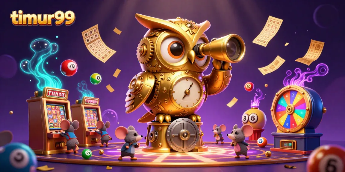 Engage with timur99 as the clockwork owl oversees dynamic casino action in this vibrant 3D illustration.