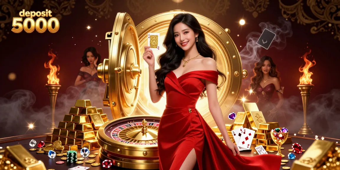 Engage in a thrilling deposit 5000 casino experience with vibrant visuals of a stunning woman beside a golden roulette wheel.