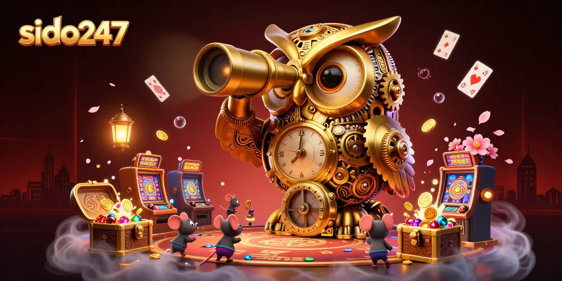 Engaging scene of yung mouse patrons enjoying at the casino with the iconic sido247 golden owl overseeing the action.