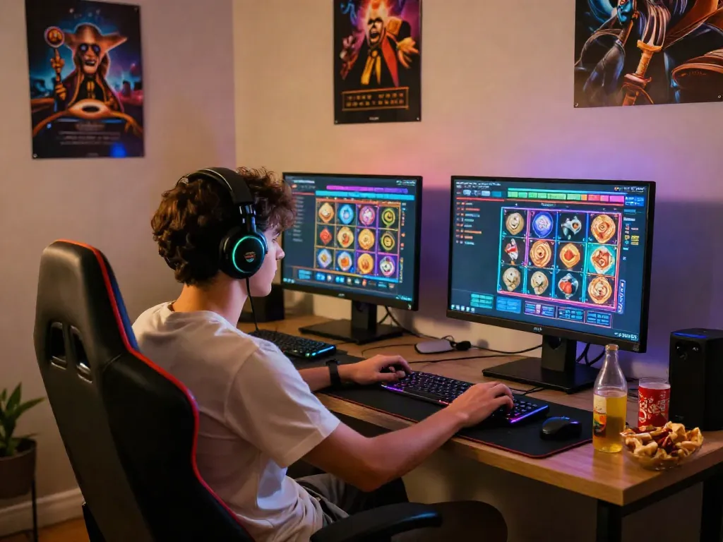 Player enjoying slot games in a vibrant online gaming setup at home.