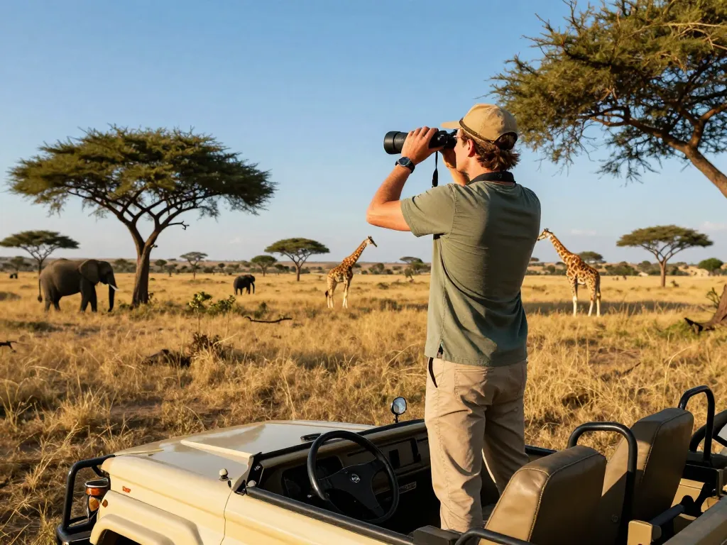 Tanzania safari tours featuring a traveler on a wildlife adventure in an open-top vehicle amidst the savannah, showcasing the excitement of exploration