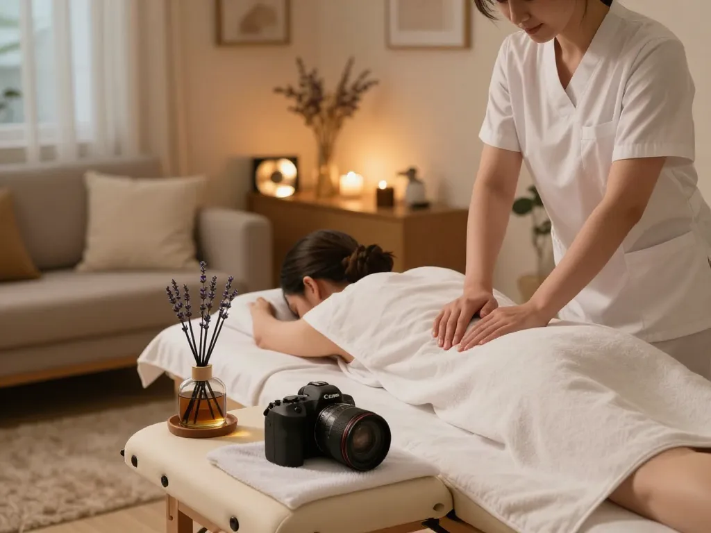 출장안마 session in a tranquil living room with a professional massage therapist, cozy ambiance, soothing essential oils.