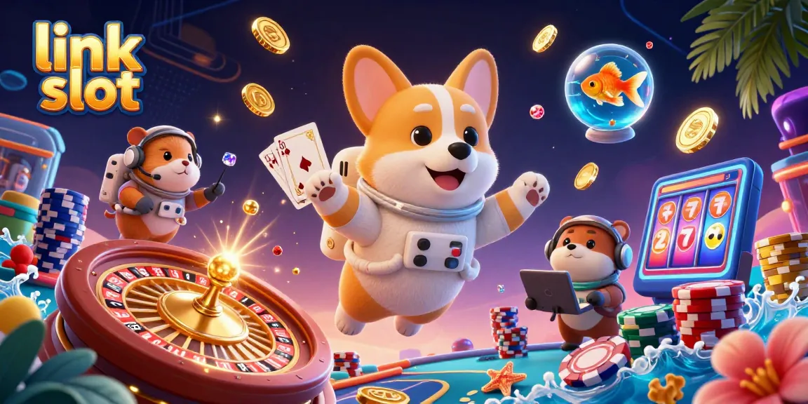 Experience the thrill of link slot games with an astronaut corgi amidst floating casino elements.
