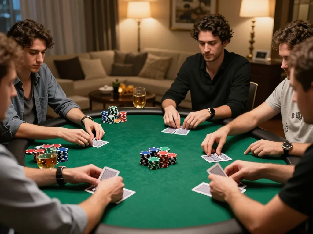 Engage in pajaktoto togel action during a lively home poker night with friends, showcasing social competition and strategy.