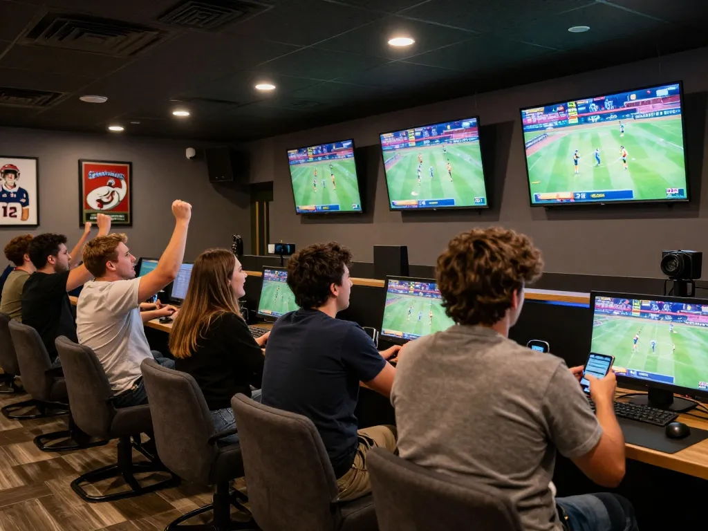 Sports betting excitement at 23win with fans placing bets and watching live games
