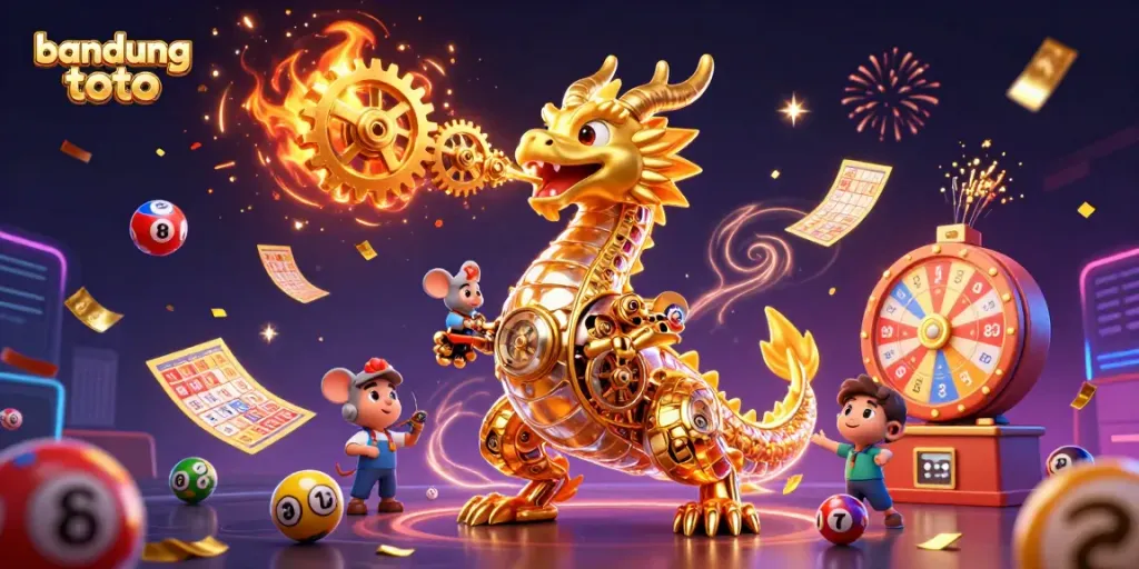 Win exciting prizes with bandung toto in a vibrant 3D illustration of a golden dragon and lottery games.