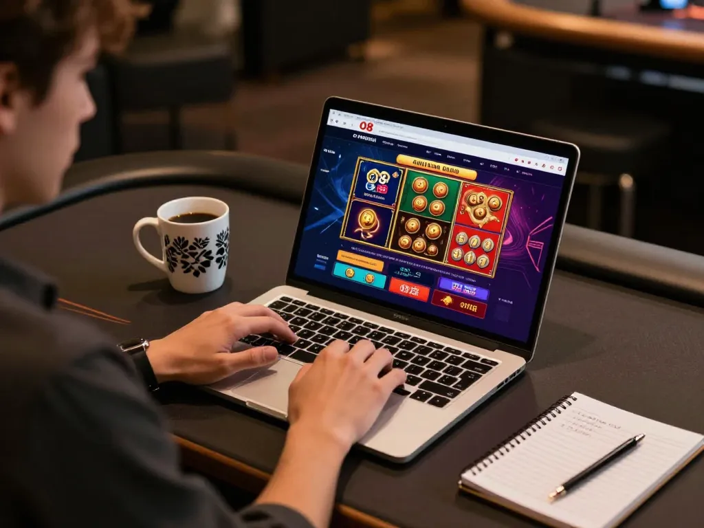 Playing O8 casino games online from a stylish desk with strategic notes at hand.