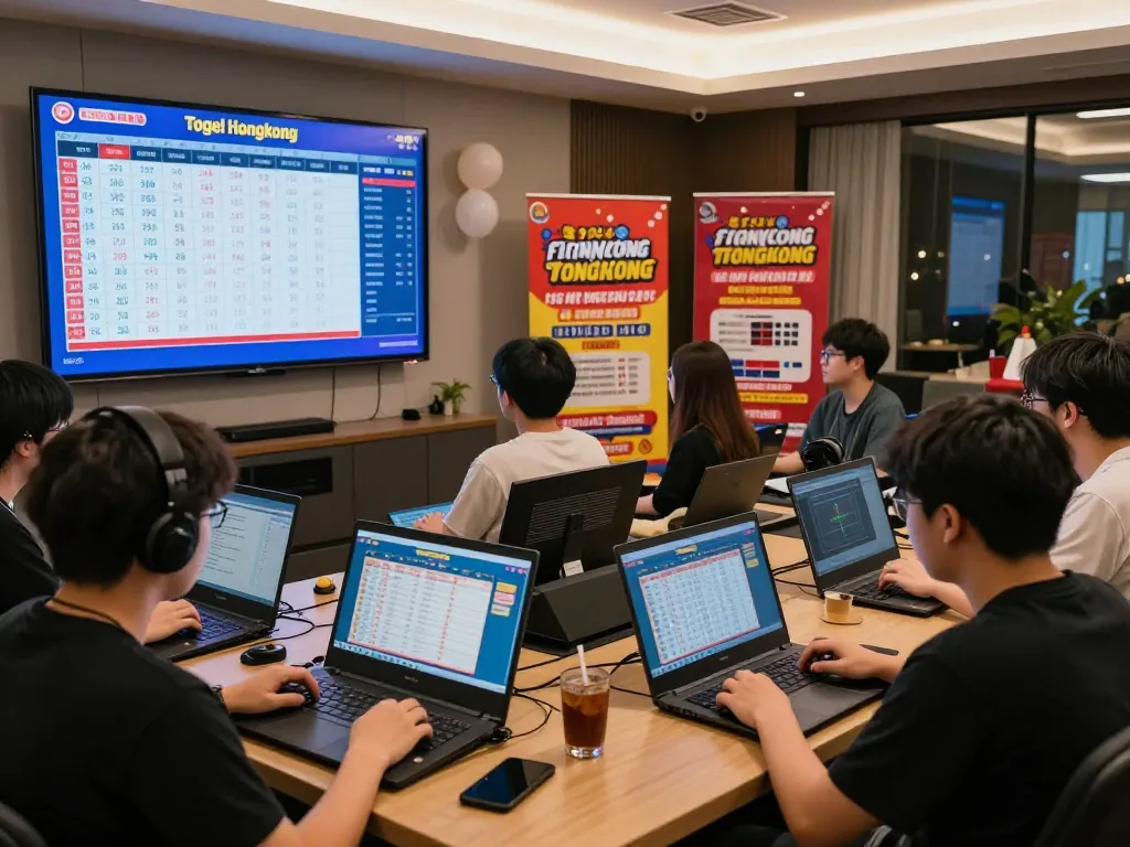 Togel Hongkong players engaging with live draw results in a vibrant gaming lounge.