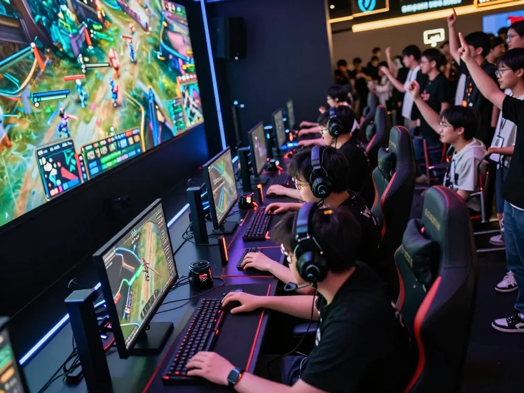 KPK100 esports gamers competing intensely in a vibrant tournament atmosphere, showcasing community passion.
