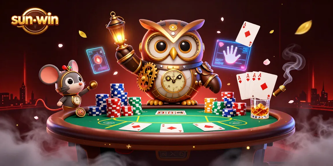 Engage with the sun-win online casino scene featuring a time-traveling owl and vibrant poker table action.