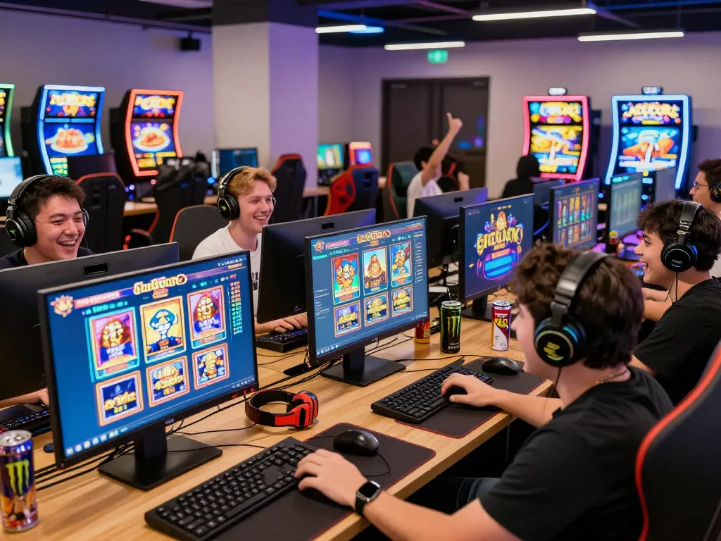 Engaged players enjoying thrilling slot gacor games in a vibrant gaming lounge