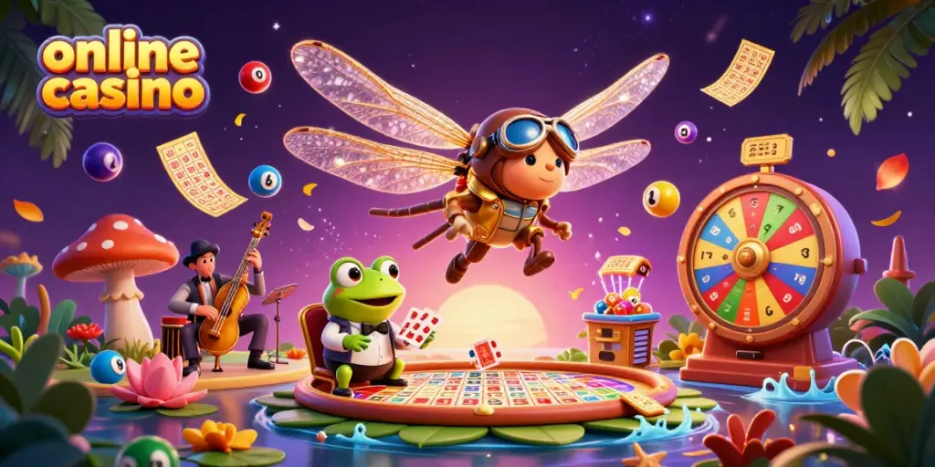 Engage with online casino games featuring a playful dragonfly pilot, frog croupier, and vibrant gaming elements.