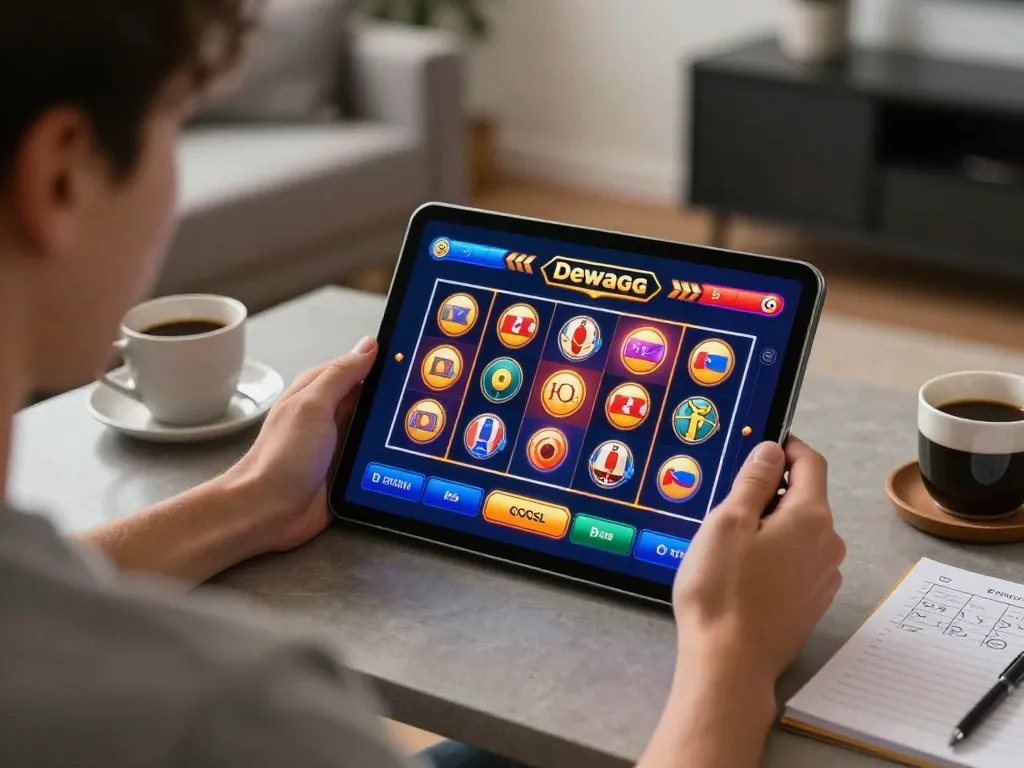 Engaged player using tablet for Slot Gacor Dewagg online gaming with strategy notes in cozy living room
