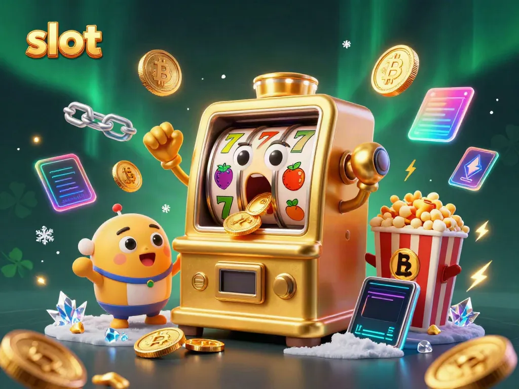 Slot machine hitting jackpot, with cheering characters and crypto coins surrounding in vibrant 3D illustration